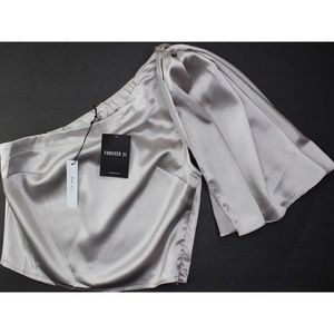 Forever 21 Metallic Grey One Shoulder Bow Crop Top